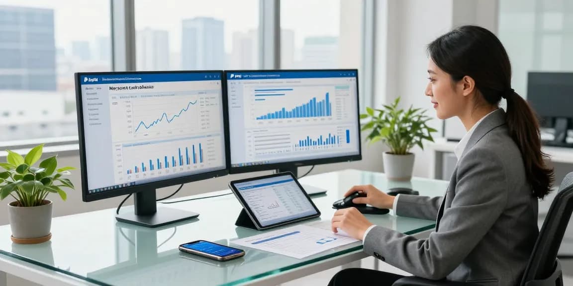 Professional woman analyzing PayPal merchant cash advance data in modern office.