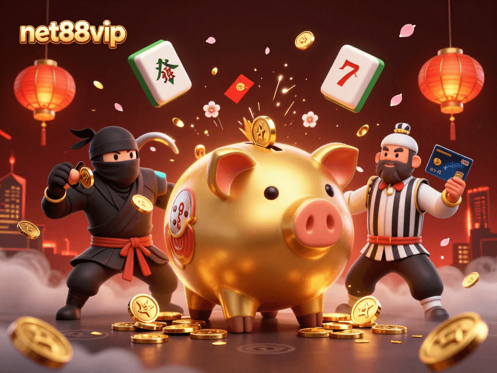 Engaging net88vip casino scene with a golden piggy bank wrestler and action-packed slots gameplay.
