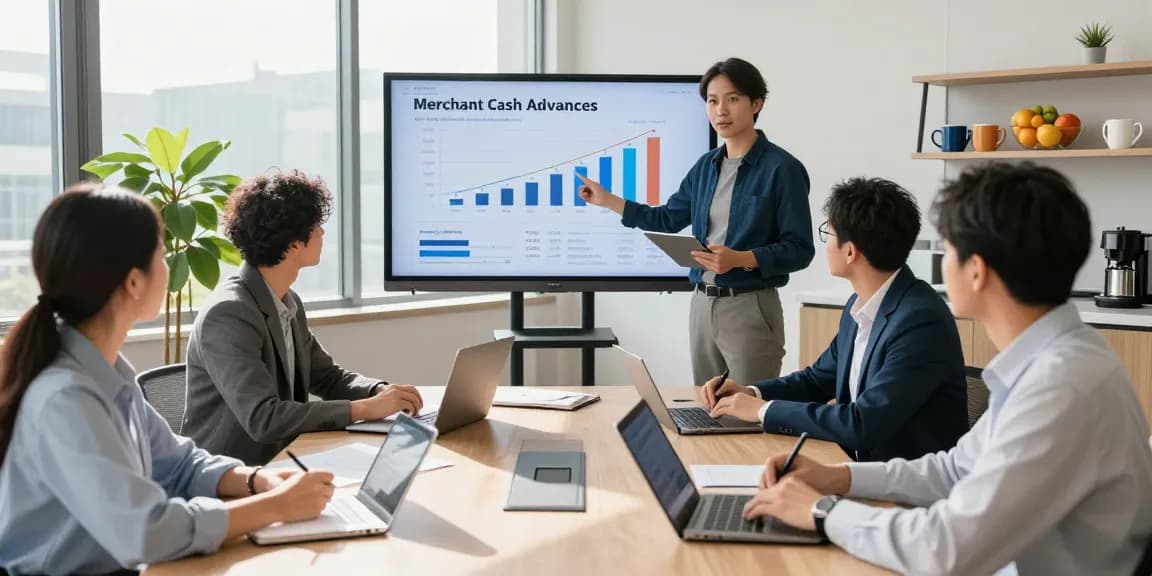 Team discussing how does merchant cash advance work in a bright office setting, collaborating on financial strategies.