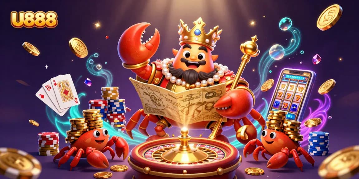Experience the excitement of U888 with a vivid golden crab emperor and lively casino elements.