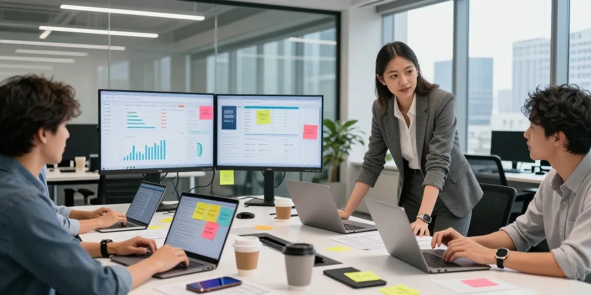 Team collaborating using AI SEO tools to enhance digital marketing strategies in a modern office environment.