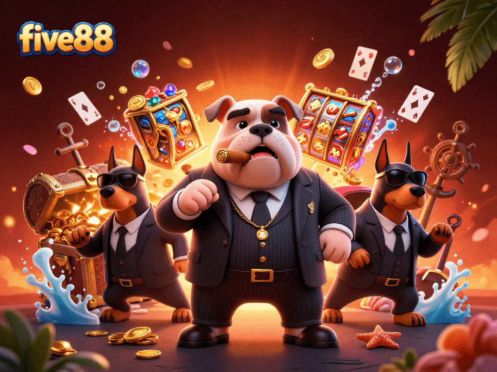 Experience thrilling wins and vibrant action at five88 with cartoon characters amid sparkling casino elements.