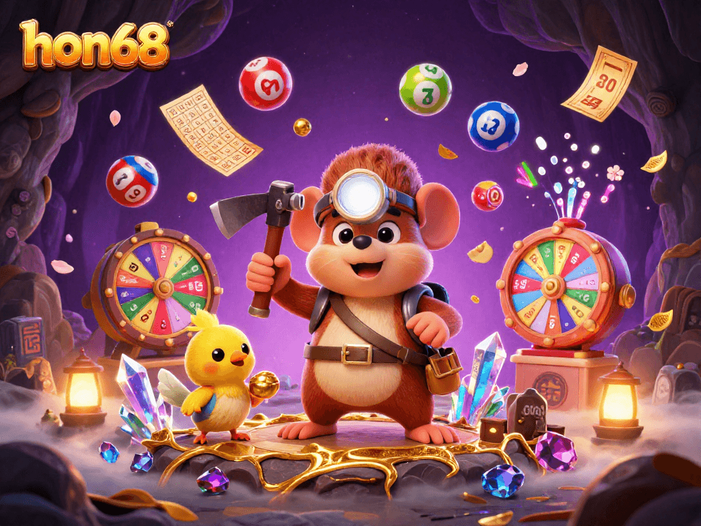 Join the treasure hunter mole and canary at hon68, bouncing colorful lottery balls and game excitement in a vibrant casino scene.