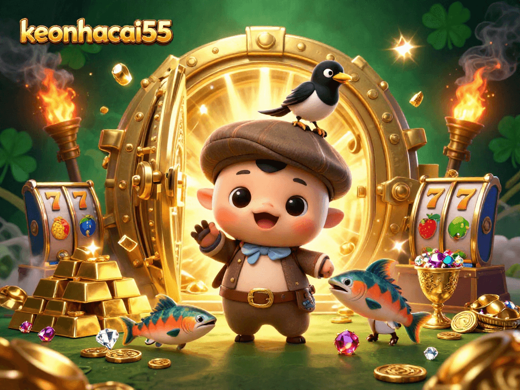 Join the excitement with keonhacai55 as you spin vibrant slot reels amidst a treasure of winnings.