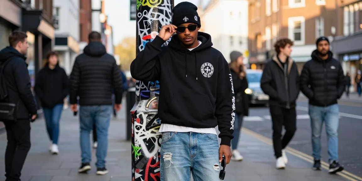 Chrome Hearts stylish streetwear outfit showcasing hoodie, sunglasses, and beanie in London urban setting.