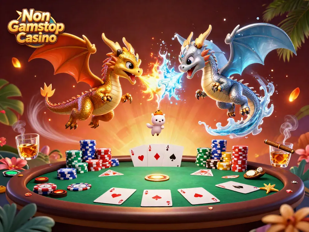 Experience thrilling gameplay at Non Gamstop Casino with dragons engaged in a fiery poker battle.
