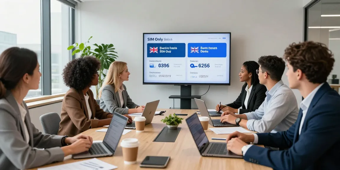 Team discussing business SIM only deals UK in a modern office setting, showcasing collaboration.