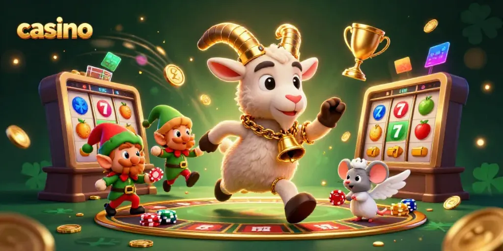 Casino scene featuring a festive Krampus goat, angel mouse, and mischievous gremlins amidst slot machines.