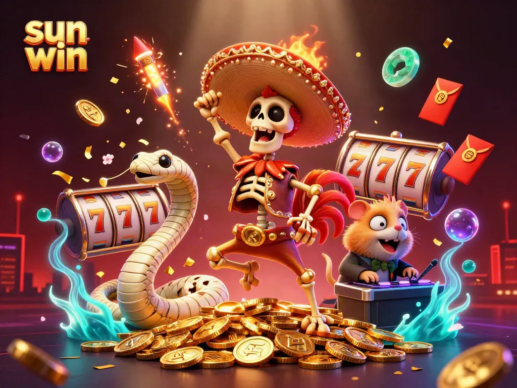 Experience the excitement of sun win with a vibrant 3D casino scene featuring playful characters and dynamic gameplay elements.