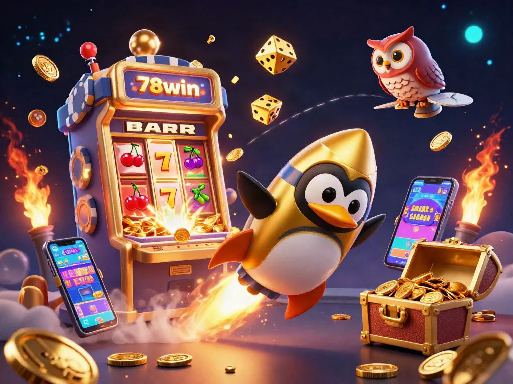 Engage with the dynamic energy of 78win as a penguin blasts through space toward a casino-themed station surrounded by action-packed gaming elements.