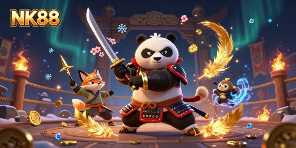 Engaging NK88 casino scene featuring samurai panda, ninja fox, and magical tanuki.