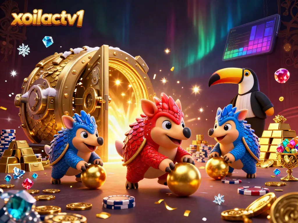 Experience excitement with xoilactv1 as animated pangolins compete amidst treasures in a lively casino scene.