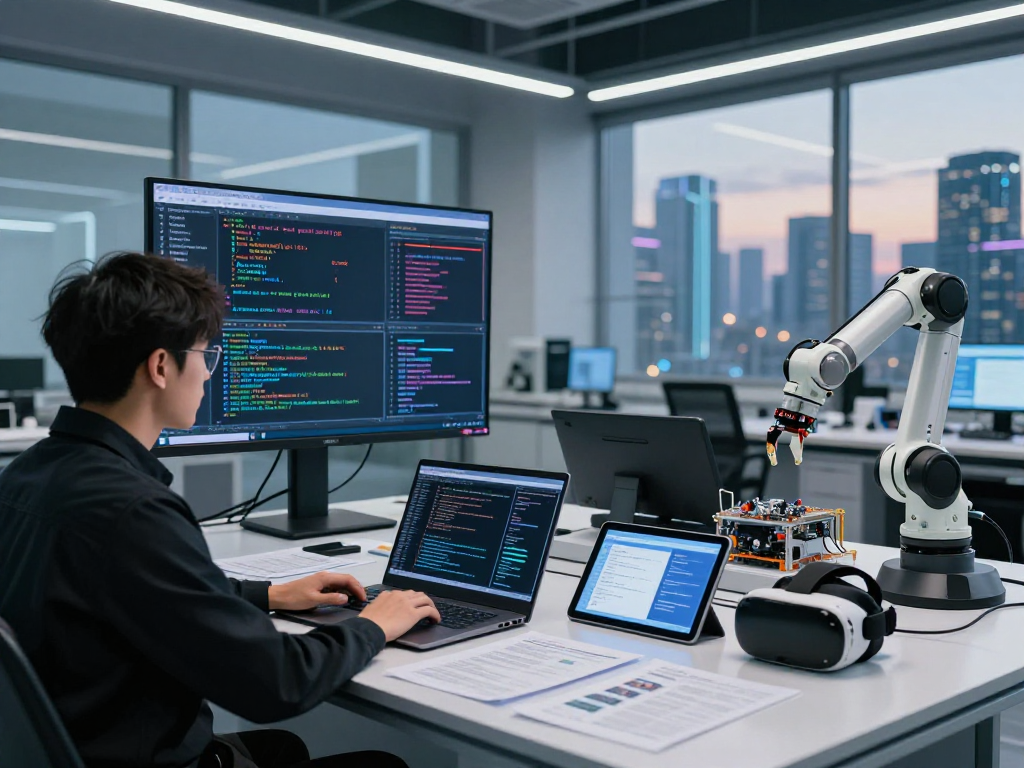 AI lab scene showcasing a data scientist analyzing nsfw ai patterns on large screens with advanced technology components.
