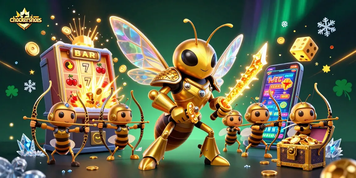Engage in action at chockersshoes with a lively 3D scene of a golden hornet samurai and bee archers amidst vibrant casino elements.
