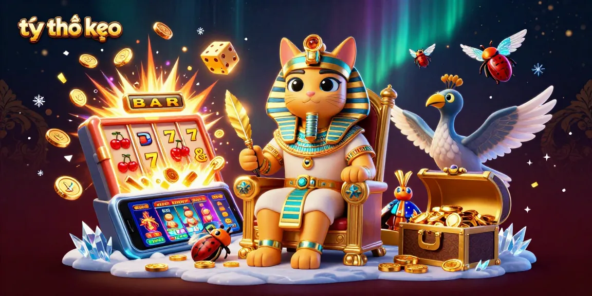 Engage with tỷ lệ kèo through this vibrant illustration of a pharaoh cat in a golden throne, with elaborate casino elements.