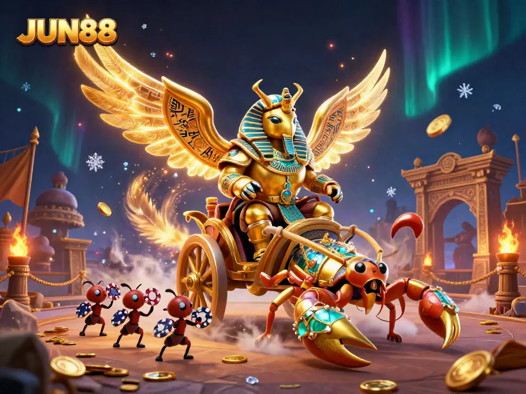 Experience thrilling gaming adventures at JUN88 with a dynamic casino scene featuring iconic symbols and characters.