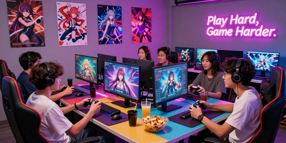 Engaging group enjoying online ecchi games in vibrant gaming studio.