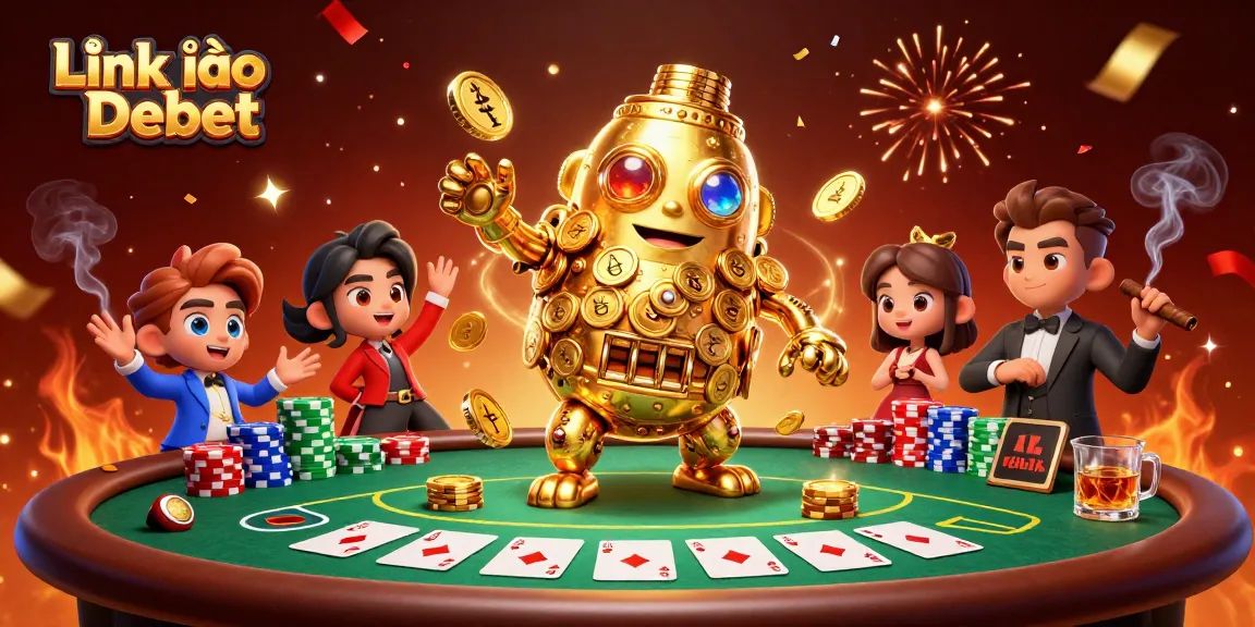 Engage with Link vào Debet, featuring a golden golem with gems amidst a vibrant poker scene.
