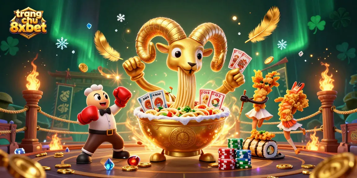 Engage with the action in a vibrant scene at trang chu 8xbet featuring a golden ramen bowl character and sushi dealer.