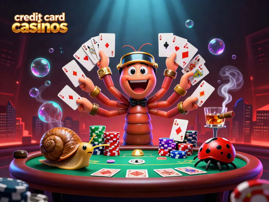 Experience excitement at credit card casinos with engaging characters and vibrant poker elements in this illustration.