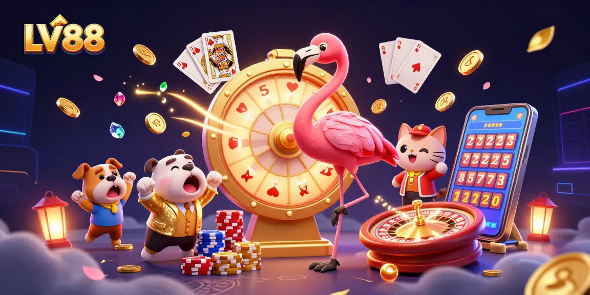 Engage with LV88's vibrant online casino atmosphere featuring prizes, coins, and animated characters.