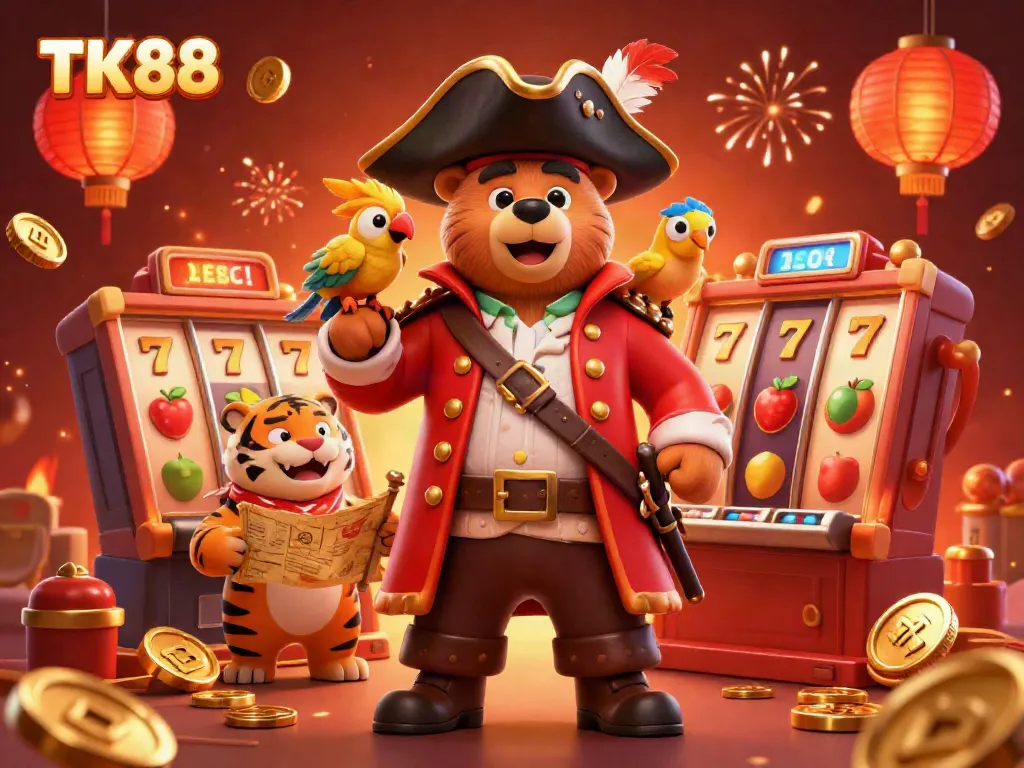 Engage with the thrilling world of TK88 as our pirate bear explores a vibrant casino filled with slot machines and treasure.