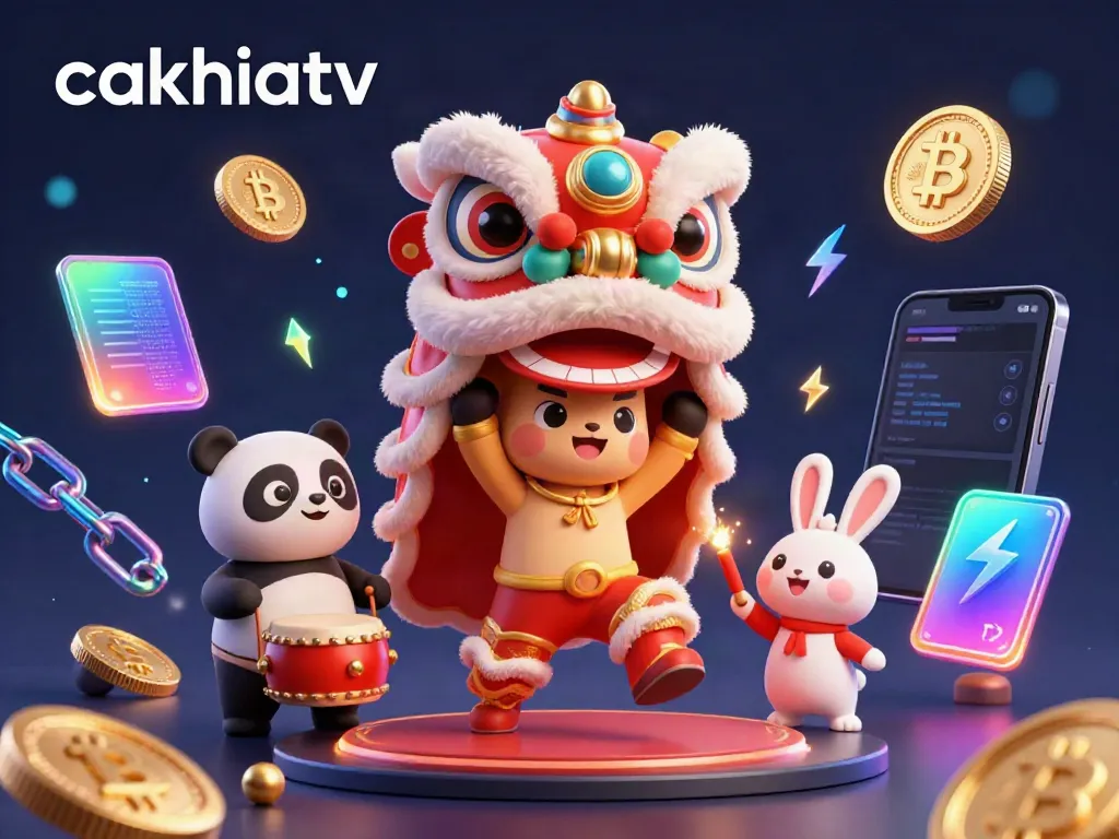 Cakhiatv immerses viewers in a vibrant illustration of a lion dance with crypto elements in a dynamic casino scene.