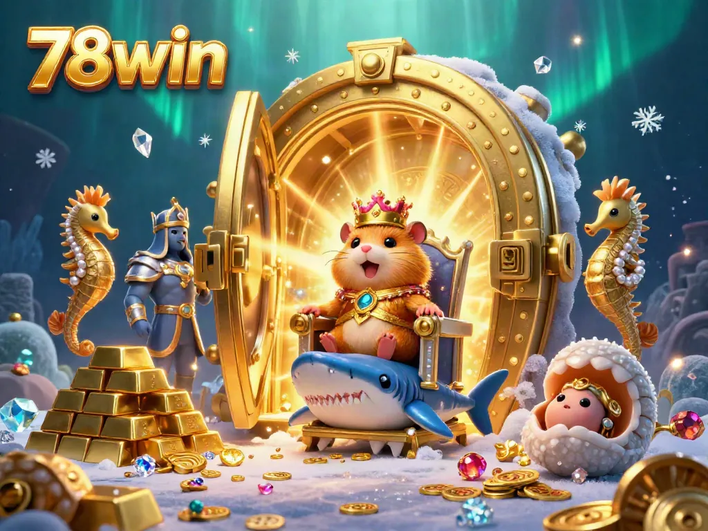 Experience the vibrant treasure of 78win with a golden hamster king and royal seahorse guards in a dynamic underwater scene.