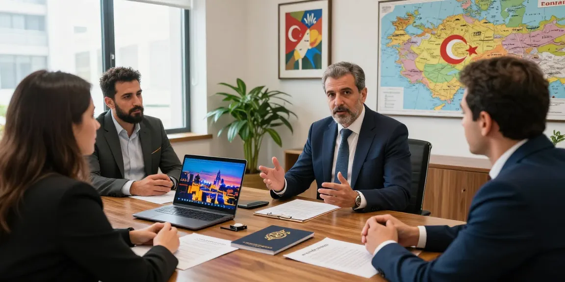 Engaging discussion about Turkish Citizenship By Investment in a professional office setting with a lawyer and clients.