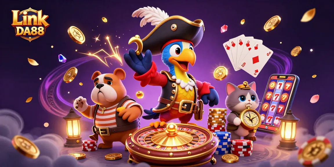 Spin into wins with Link DA88, showcasing a vibrant scene of animated casino characters and games.