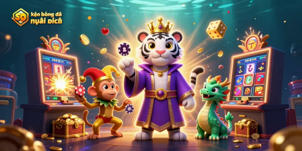 Engage with the exciting soi kèo bóng đá mới nhất featuring a lively tiger, playful monkey, and vibrant casino elements.