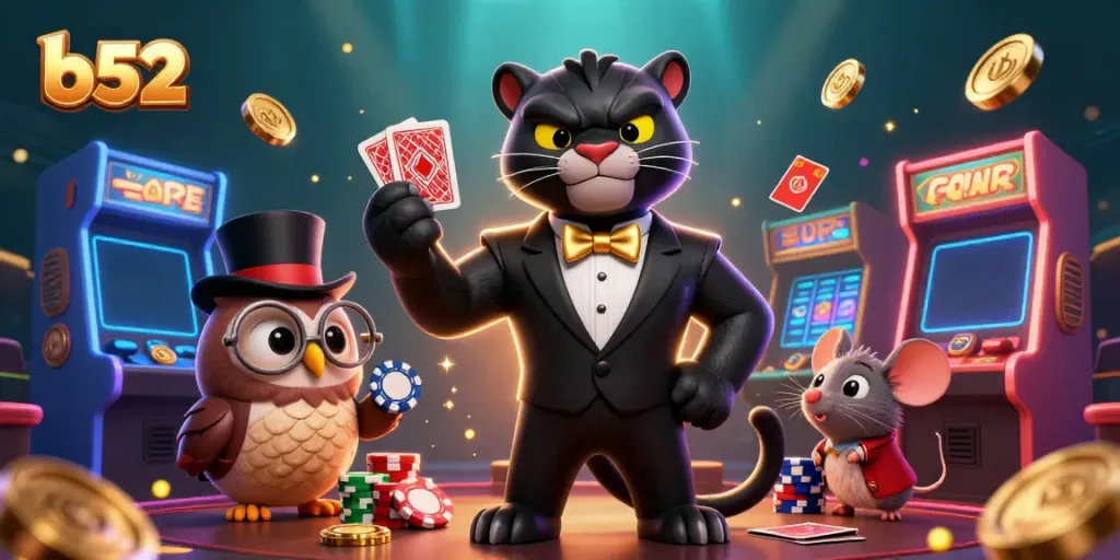 B52 club offers a thrilling gaming experience with stylish characters and vibrant casino elements.