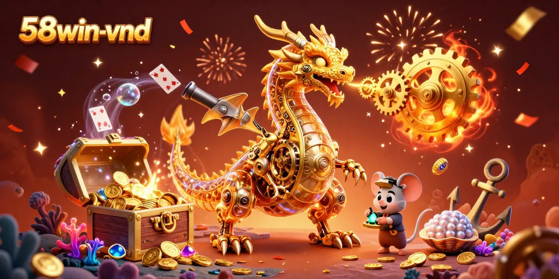 Experience the thrill of 58win-vnd through a lively, detailed 3D casino illustration featuring a golden dragon and treasure.
