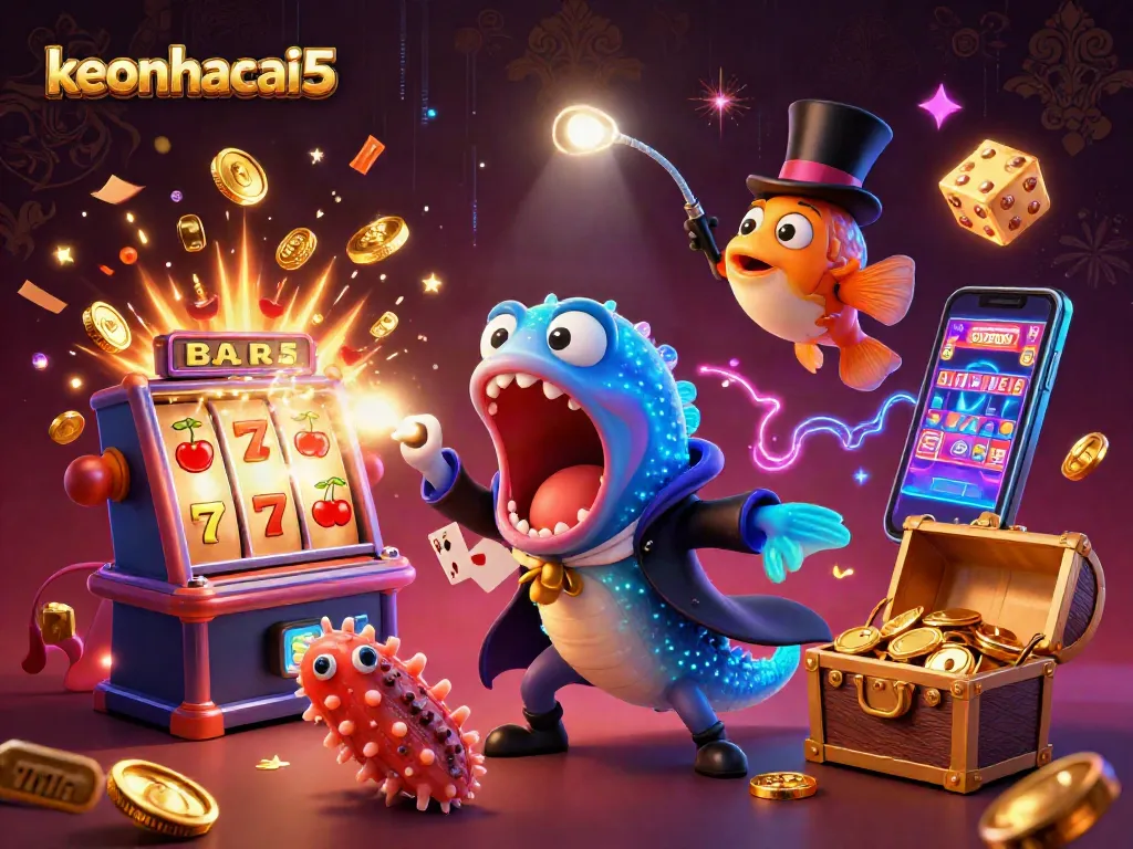 Experience keonhacai5 with a vibrant casino scene featuring unique characters and dynamic game elements.