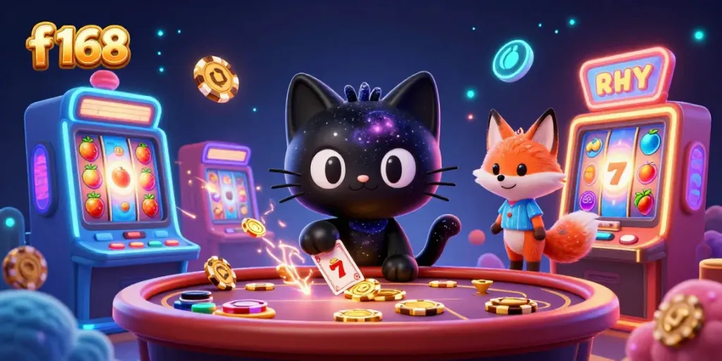Experience f 168 as the black hole cat pulls in golden chips and cards at a vibrant casino.