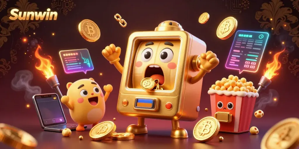Sunwin slot machine celebrating a jackpot with coins pouring, colorful crypto elements around.