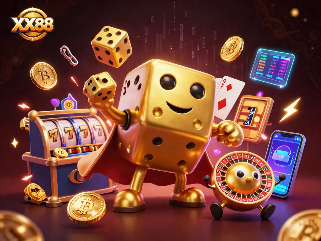 Engage with the vibrant excitement of XX88 casino through dynamic 3D illustration featuring themed game elements.