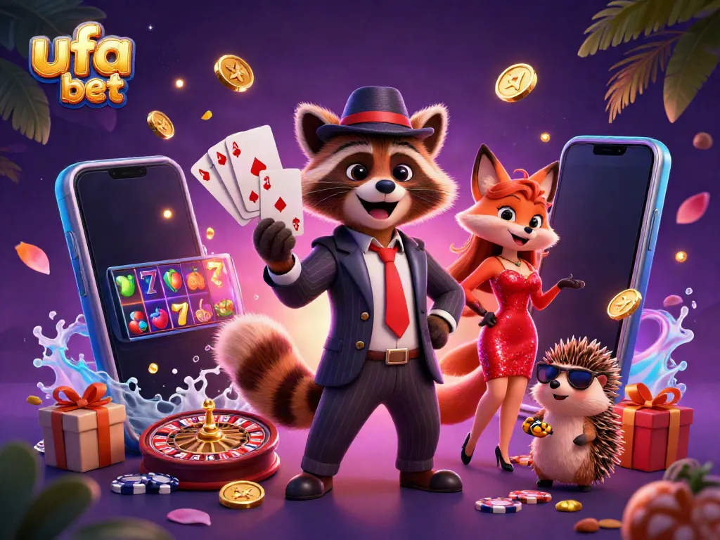 Experience ufa bet with a suave raccoon and a glamorous fox in a dynamic casino scene filled with exciting gaming elements.