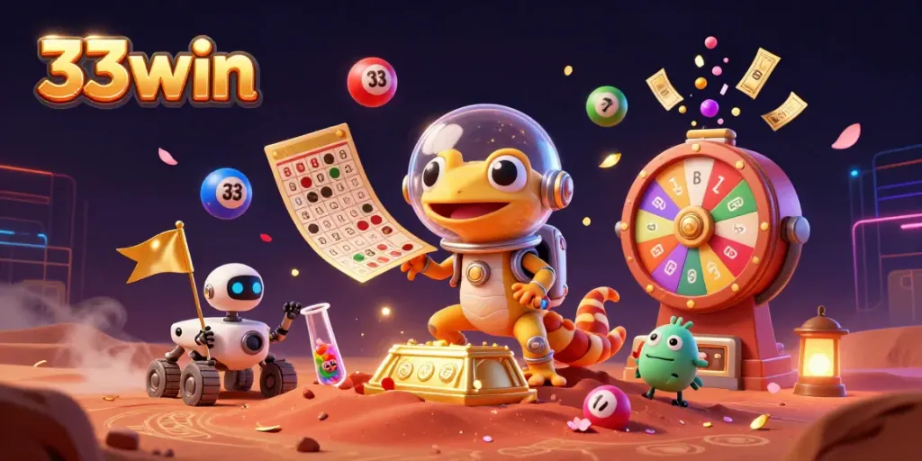 Experience the excitement of 33win's thrilling gaming environments with vibrant characters and festive elements.
