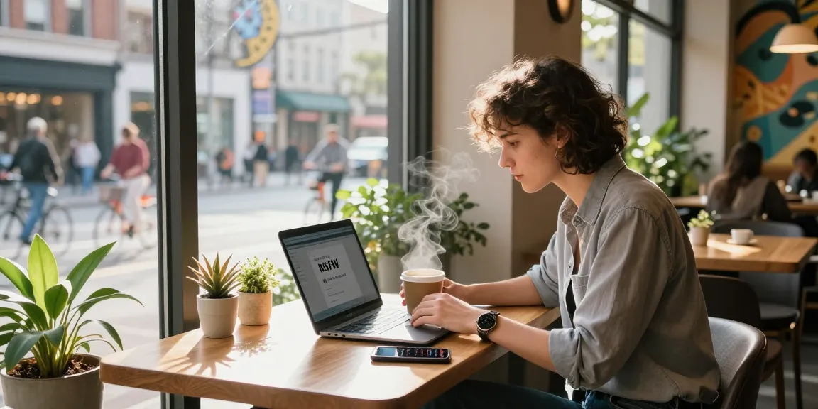 Individual exploring nsfw content at a stylish café, capturing modern urban lifestyle.