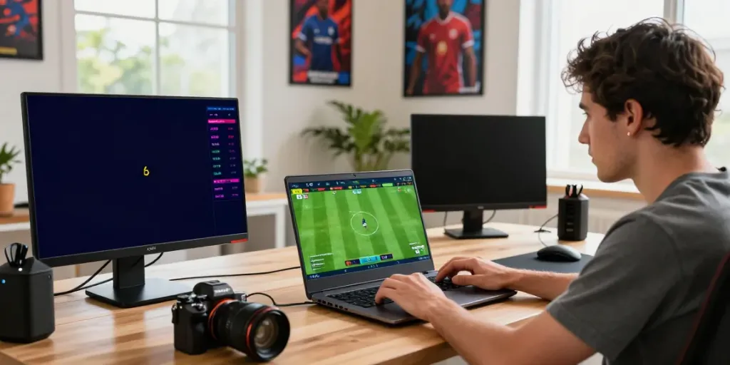 A player strategizing on de bet while engaging in soccer betting, surrounded by sports memorabilia in a vibrant gaming environment.