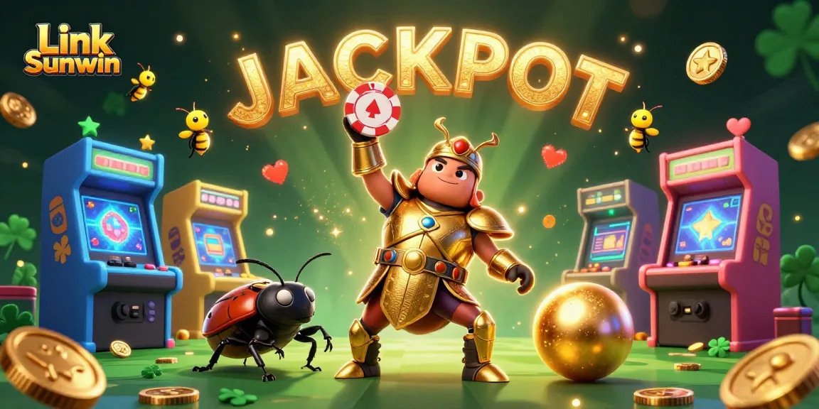 Play big with Link Sunwin, a vibrant 3D casino-themed illustration showcasing a heroic beetle and jackpot elements.