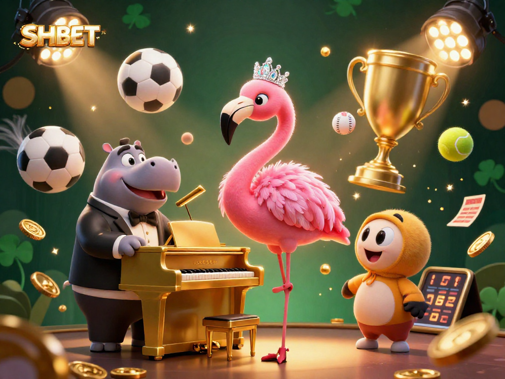 Get ready to win with SHBET in this lively casino scene featuring engaging characters and dynamic sports elements.