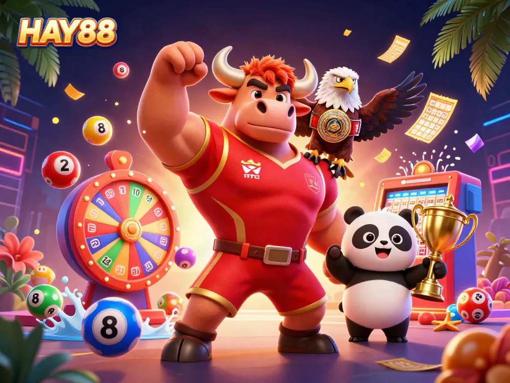 Experience thrilling wins with HAY88's vibrant 3D casino illustration featuring energetic characters.