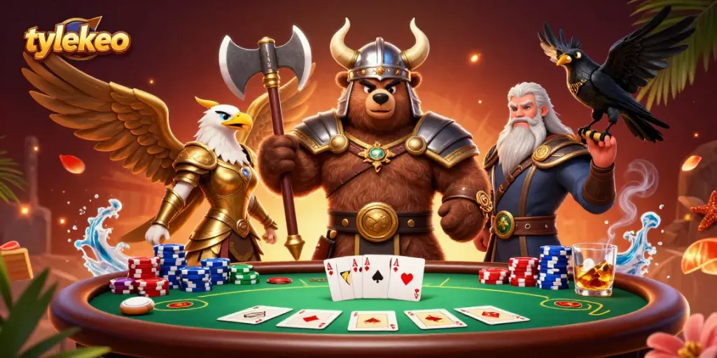 Engage with tylekeo's thrilling poker scene featuring Viking characters, glimmering chips, and vibrant gaming elements.