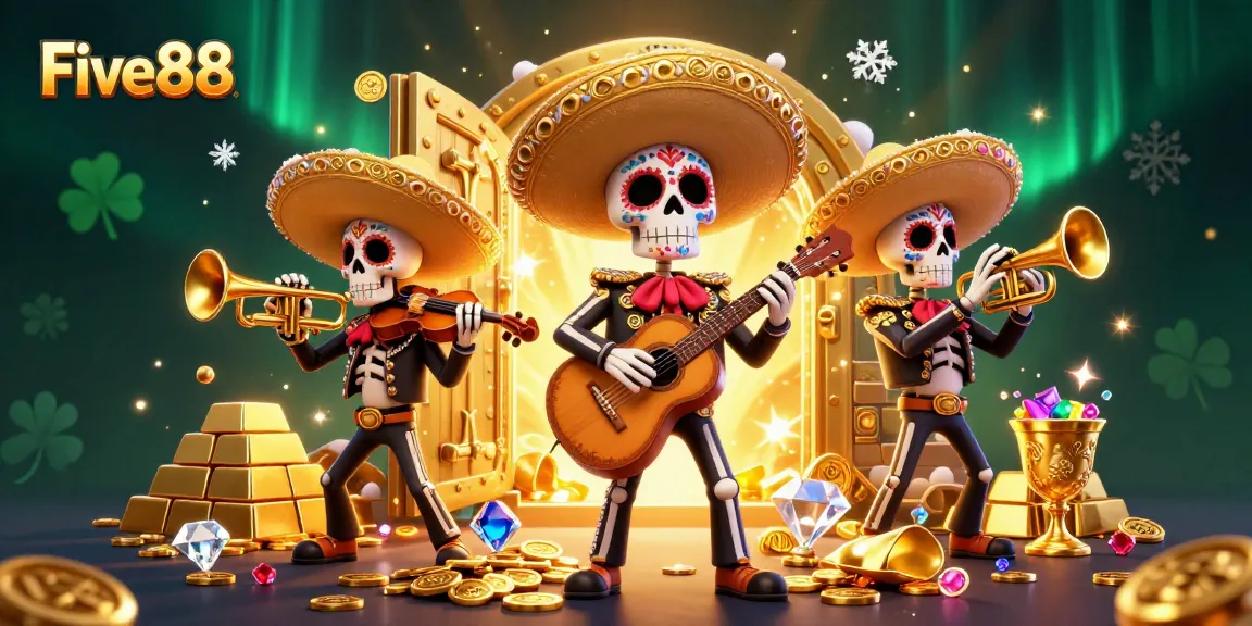Engage with Five88 online casino treasure, featuring a vibrant mariachi band and sparkling gems.