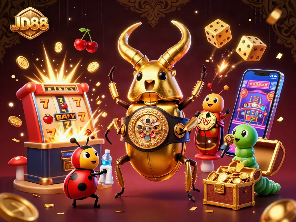 JD88 captures a vibrant 3D casino scene with a golden stag beetle and dynamic gaming elements.