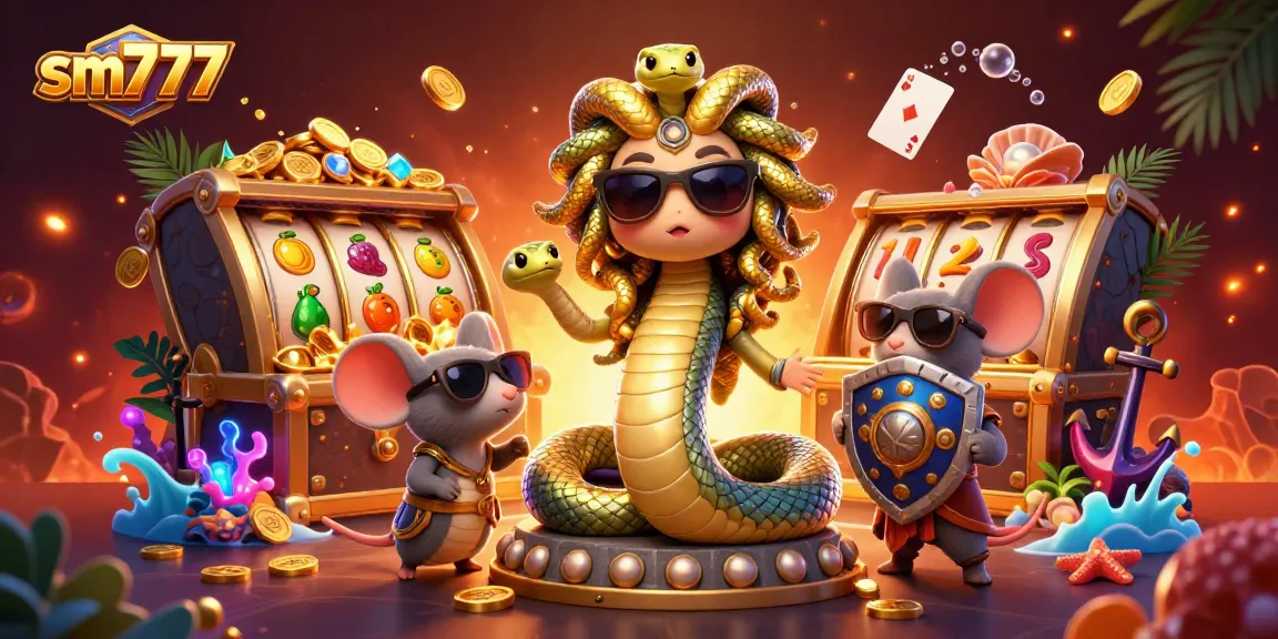 Engage with sm777's vibrant casino experience featuring a friendly Medusa and warrior mouse surrounded by exciting game elements.