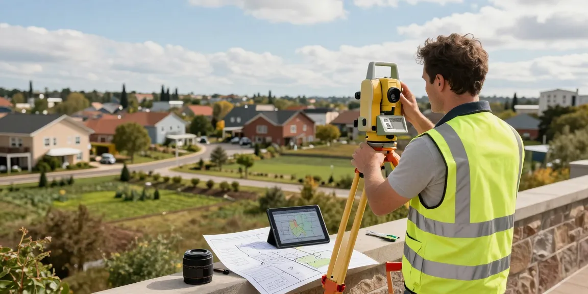 Topographical Land Surveys Surrey with a land surveyor measuring terrain using a total station in a vibrant urban landscape.