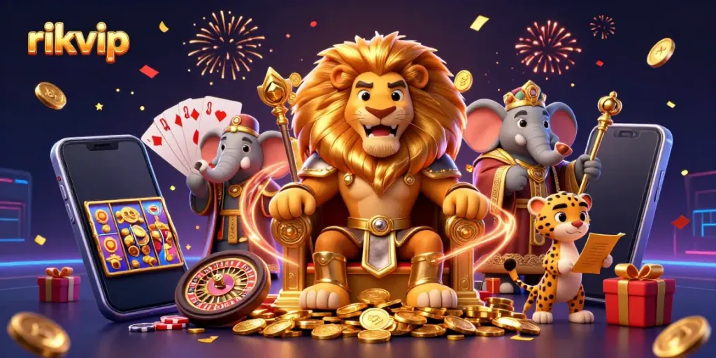 Engage with rikvip's vibrant gaming experience featuring a lion king, elephant, and cheetah amidst slot games and dynamic casino elements.